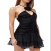 Women 3D Floral Mini Dress Ruched Spaghetti Strap Short Dress Ruffle Pleated Sexy Backless Mini Dresses Summer (Black 3D Rosette, S) view 1