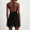 Women 3D Floral Mini Dress Ruched Spaghetti Strap Short Dress Ruffle Pleated Sexy Backless Mini Dresses Summer (Black 3D Rosette, S) view 3