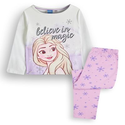 Disney Frozen Elsa Girls Pajama Set | Kids Princess White Long Sleeve Top & Pink Long Leg Graphic PJs | Film Merchandise Gift