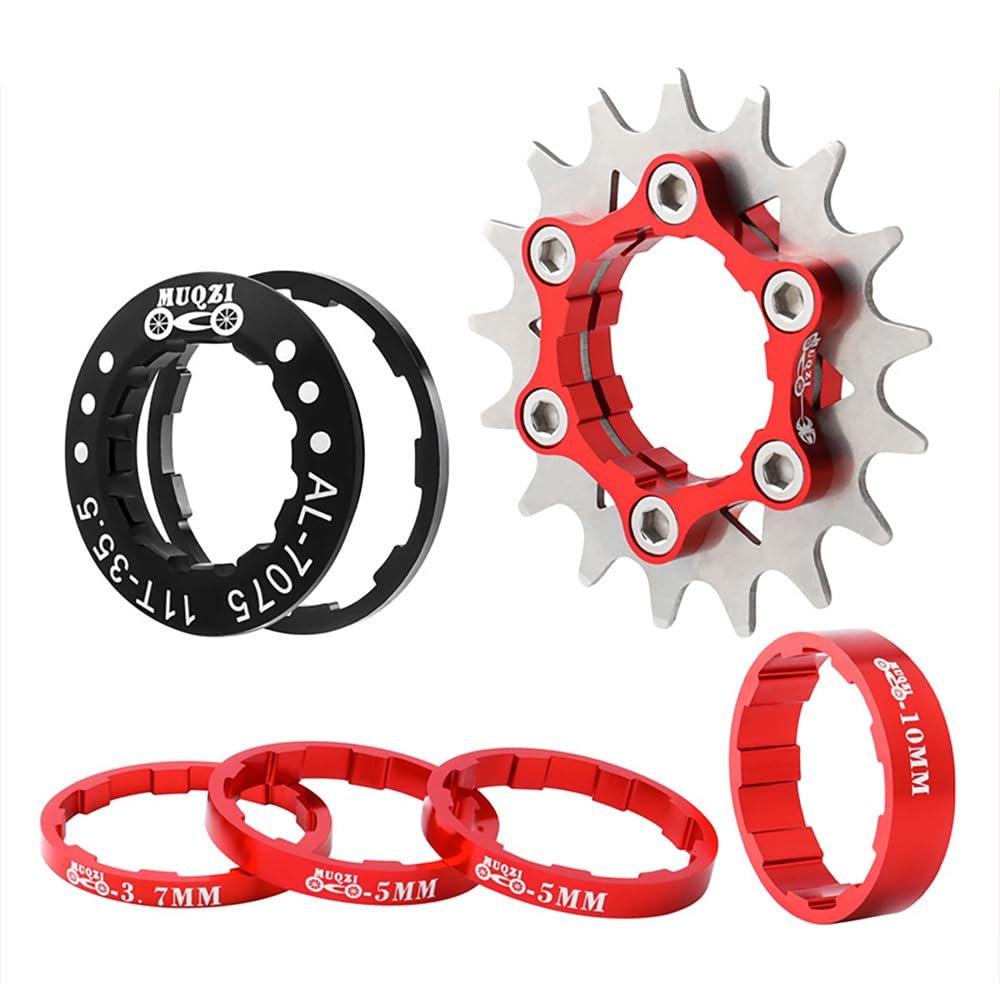 KTKEET MTB Single Speed Cassette Cog Bicycle Freewheel Sprocket 12/13/14/15/16/17/18/19/20/21/22T Single Speed Fixie Cassette+Spacers for 7-10S HG Hubs,Road Bike,Mountain Bike (Red,17T)