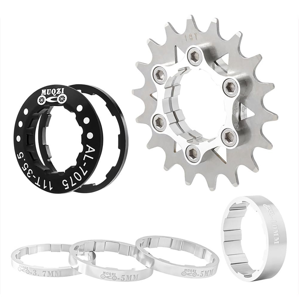 KTKEET MTB Single Speed Cassette Cog Bicycle Freewheel Sprocket 12/13/14/15/16/17/18/19/20/21/22T Single Speed Fixie Cassette+Spacers for 7-10S HG Hubs,Road Bike,Mountain Bike (Silver,18T)