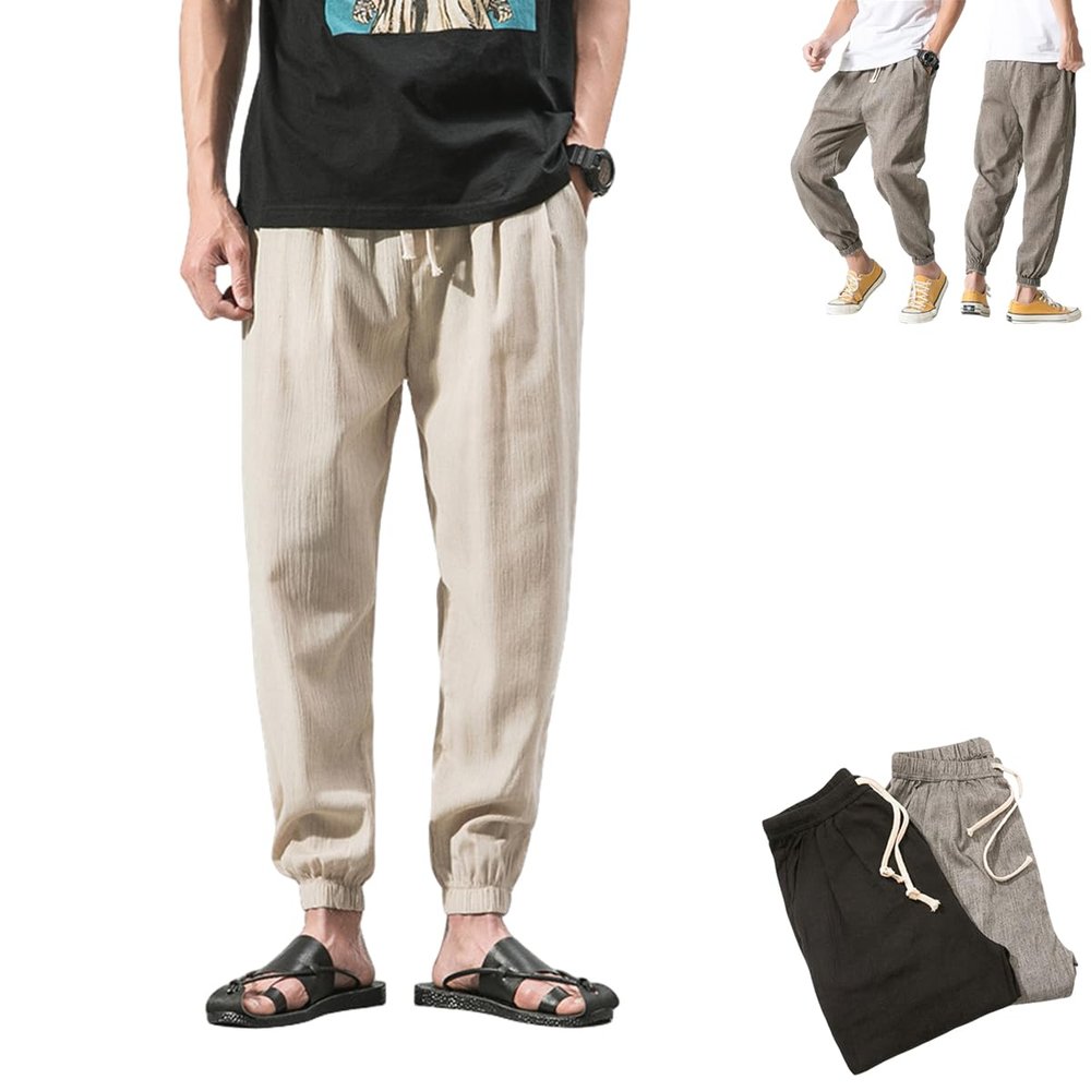 MiNGQIU Shinb Harem Pants for Men,Men's Cotton Linen Harem Pants,Men's Beach Linen Baggy Pants,Hip Hop Harem Pants for Men (Beige,Medium)