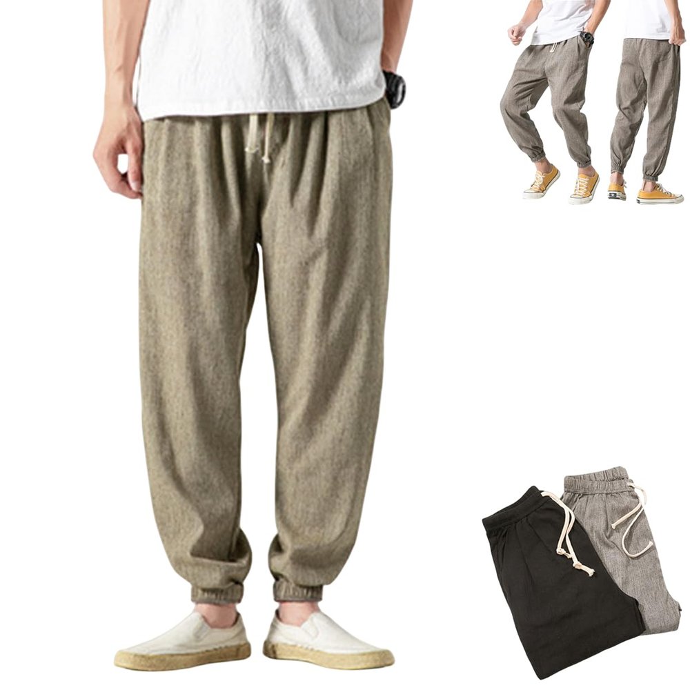 MiNGQIU Shinb Harem Pants for Men,Men's Cotton Linen Harem Pants,Men's Beach Linen Baggy Pants,Hip Hop Harem Pants for Men (Light Yellow,Medium)