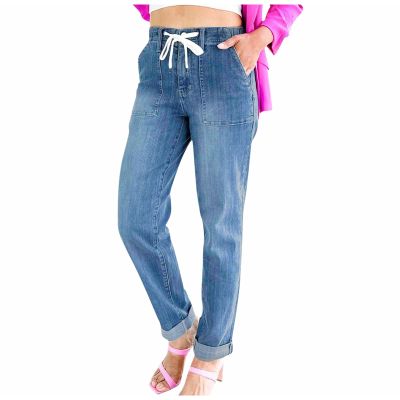 Uillui Stretchy Jeans for Women High Waist Drawstring Straight Leg Denim Trousers Loose Fit Comfortable Wide Leg Jeans Pants