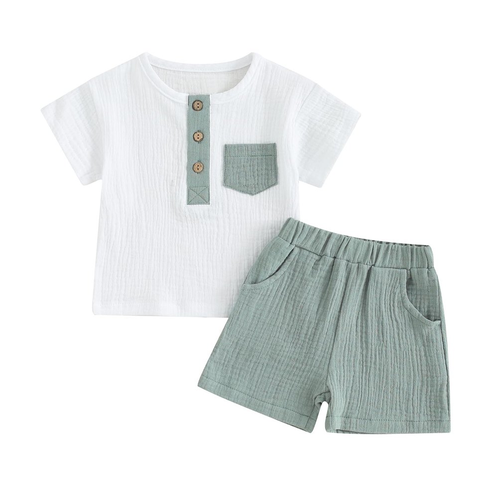 fhutpw Baby Boy Summer Outfits Henley Shirt Soft Pocket Short Sleeve Tops & Shorts Sets Infant 3 6 12 18 Months 2T Clothes (A-Green, 3-6 Months)