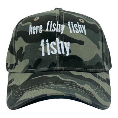Here Fishy Fishy Fishy Hat Funny Outdoor Fishing Lovers Camo Cap Funny Hats Fishing Novelty Caps for Men Camo - Standard