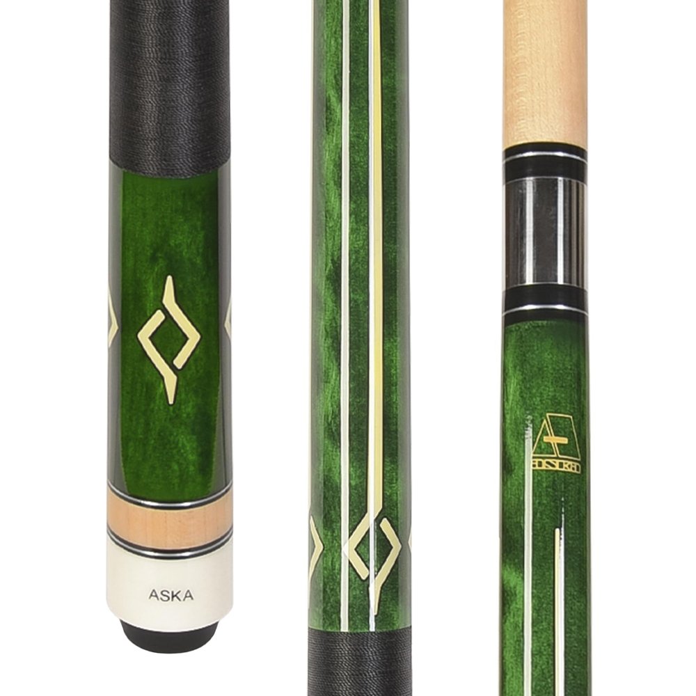 ASKA Billiard Pool Cue Stick, 58", 2pc Construction, Maple Shaft, 13mm Tip, Stainless Steel 5/16x18 Joint. (Green, 19-Ounce)