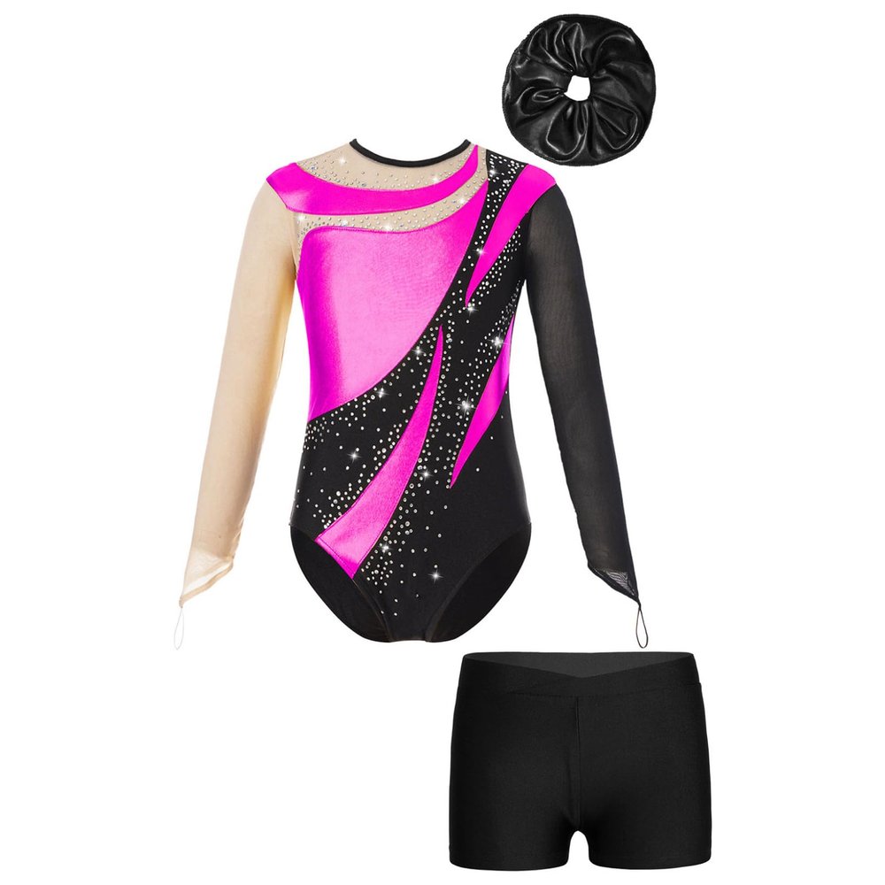 JanJean Youth Girls Sleeveless Shiny Sequins Gymnastic Leotard Metallic Splice Backless Ballet Dance Bodysuit Jumpsuit Hot Pink&Black 6 Years