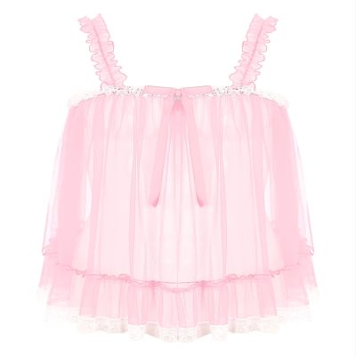 Lejafay Men's Sissy Lingerie V Neck Crossdresser Nightwear Sheer Lace Chemise Mini Teddy 4# Pink A Large