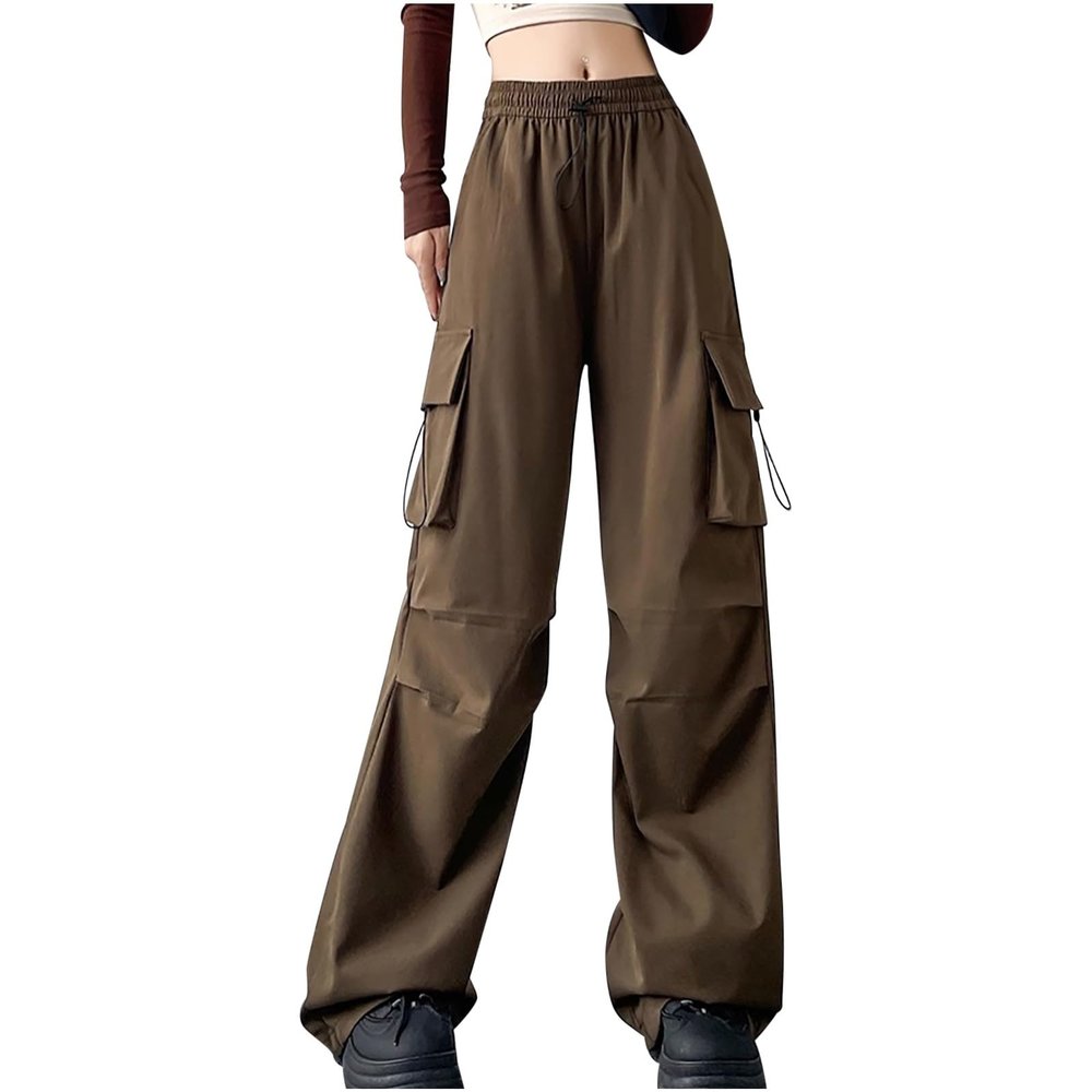 Womens Baggy Parachute Cargo Pants High Waist Wide Leg Pants Drawstring Casual Lightweight Fashion Streetwear Y2K Pants