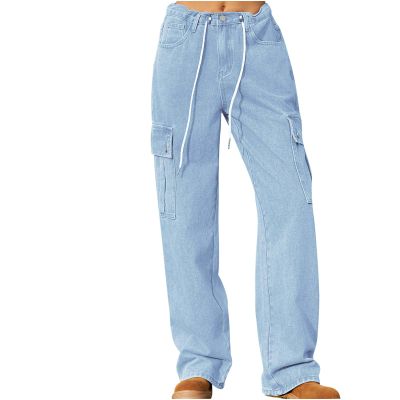 NineFit Basics Women's High Waist Baggy Jeans Flap Pocket Relaxed Fit Straight Wide Leg Y2K Fashion Cargo Jeans Stretchy Denim Pants, Medium, A01_light Blue