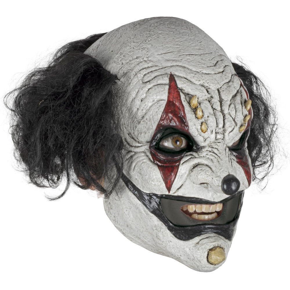 Ghoulish Productions Prankster Clown Black Latex Mask. Clown Mask with Black Hair.Scary Clown Latex Mask. Adult Mask One Size Latex Mask.Clowns Line.Ideal for use in Halloween costumes parties, pranks