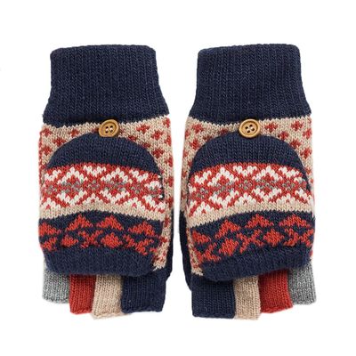 Flush of Dawn Winter Women Convertible Gloves Thickened Double Layer Wool Knitted Gloves Fleece Cable Knit Fingerless Gloves (Dark blue)