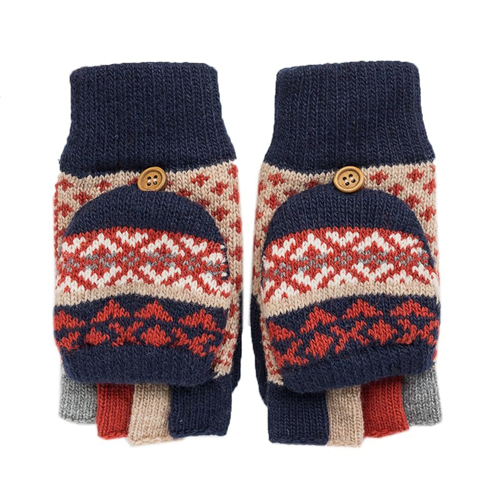 Flush of Dawn Winter Women Convertible Gloves Thickened Double Layer Wool Knitted Gloves Fleece Cable Knit Fingerless Gloves (Dark blue)