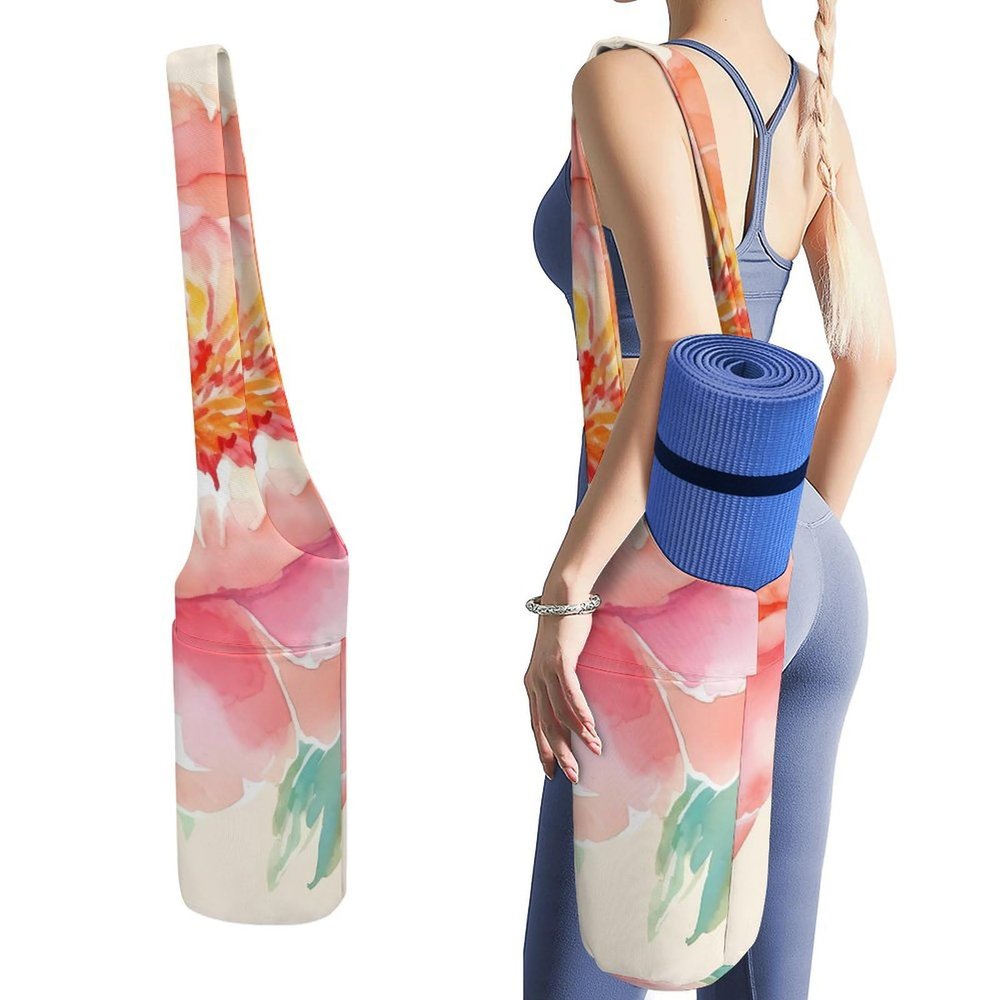 HotcoS Yoga Mat Bag for Women Yoga Mat Carrier Bag with Large Side Pocket Peach Peony Yoga Bag Yoga Gym Bag