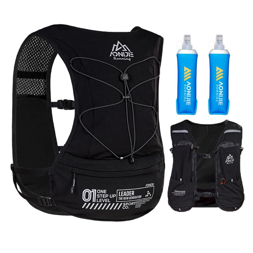 AWKSPORTS 5L Running Hydration Vest Backpack for Men Women, Adjustable & Lightweight, Front & Back Pockets for Essential Storage (Black with 2*500ml Flask)