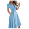 NineFit Basics Beach Dresses for Women,2024 Spring Summer Elegant Trendy Plain Lapel Wrap V Neck Belt Maxi Dress,Casual Short Sleeve Flowy Ruched Hem Business Dress with Pockets Office Outfits(C-Blue,M) view 1