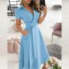 NineFit Basics Beach Dresses for Women,2024 Spring Summer Elegant Trendy Plain Lapel Wrap V Neck Belt Maxi Dress,Casual Short Sleeve Flowy Ruched Hem Business Dress with Pockets Office Outfits(C-Blue,M) view 2