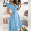 NineFit Basics Beach Dresses for Women,2024 Spring Summer Elegant Trendy Plain Lapel Wrap V Neck Belt Maxi Dress,Casual Short Sleeve Flowy Ruched Hem Business Dress with Pockets Office Outfits(C-Blue,M) view 3