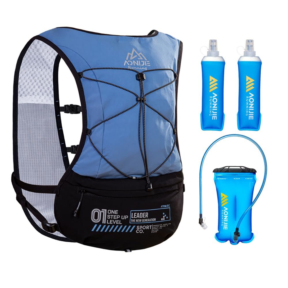 AWKSPORTS 5L Running Hydration Vest Backpack for Men Women, Adjustable & Lightweight, Front & Back Pockets for Essential Storage (Blue with 1.5L Bladder & 2*500ml Flask)