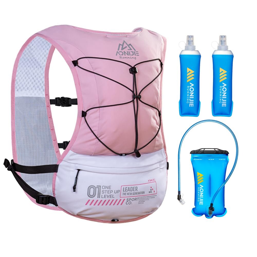 AWKSPORTS 5L Running Hydration Vest Backpack for Men Women, Adjustable & Lightweight, Front & Back Pockets for Essential Storage (Pink with 1.5L Bladder & 2*500ml Flask)