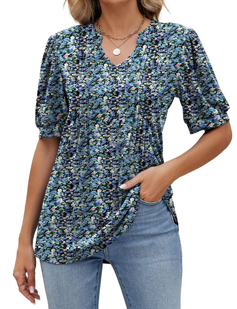 YLIRJ Short Sleeve Shirts For Women V Neck Basic Tops Fashion 2025 Business Casual Tunic Blouse Floral Blue L