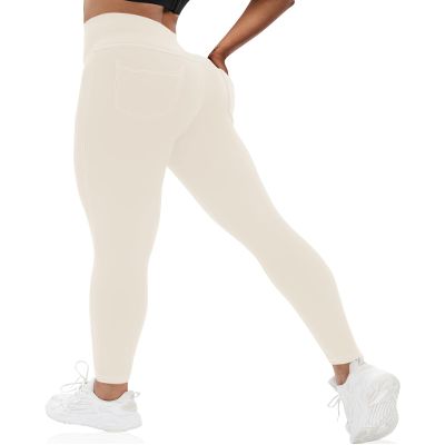 VOOVEEYA Curvy Womens Leggings, High Waisted Yoga Pants with Back Pockets, Tummy Control - Buttery Soft - Stretchy(Beige S)