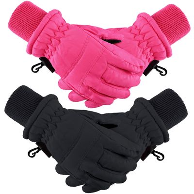 Boao 2 Pairs Kids Winter Ski Gloves Waterproof Warm Snow Mittens Full Finger Gloves for Toddlers Infants (Black,Rose Red,10-15 Years)