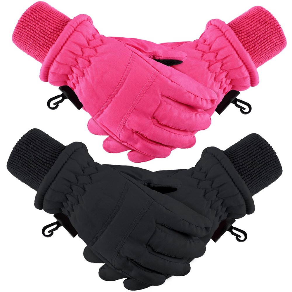 Boao 2 Pairs Kids Winter Ski Gloves Waterproof Warm Snow Mittens Full Finger Gloves for Toddlers Infants (Black,Rose Red,10-15 Years)
