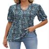 YLIRJ Womens V Neck Shirts Short Sleeve Summer Puff Pleated Loose Casual Tunic Blouses Floral Blue XL view 1