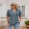 YLIRJ Womens V Neck Shirts Short Sleeve Summer Puff Pleated Loose Casual Tunic Blouses Floral Blue XL view 2
