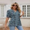 YLIRJ Womens V Neck Shirts Short Sleeve Summer Puff Pleated Loose Casual Tunic Blouses Floral Blue XL view 3