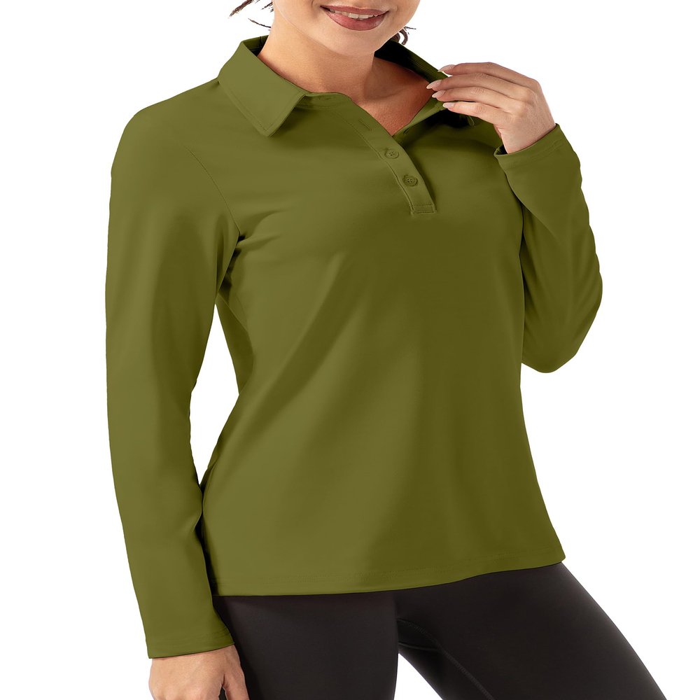 FKEEP Women Long Sleeve Polo Shirt Golf Sport Top Athletic Sportswear Tennis Activewear (Mustard Yellow, M)