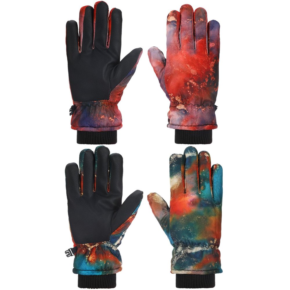 Honoson 2 Pairs Kids Snow Gloves Winter Waterproof Kids Ski Gloves Youth for Girls Boys Outdoor Toddler Snowboard Warm Clothe(Red Orange Watercolor Gilt Pattern,4-8 Years)
