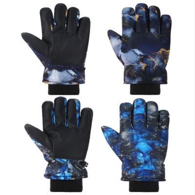 Honoson 2 Pairs Kids Snow Gloves Winter Waterproof Kids Ski Gloves Youth for Girls Boys Outdoor Toddler Snowboard Warm Clothe(Blue Black Watercolor Gilt Pattern,10-15 Years)