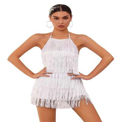 ABAFIP Women's Halter Backless Fringe Mini Dress Layered Tassel Cocktail Concert Rave Party Mini Dance Dress White Large