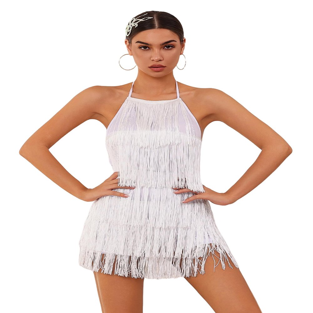 ABAFIP Women's Halter Backless Fringe Mini Dress Layered Tassel Cocktail Concert Rave Party Mini Dance Dress White Large