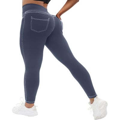 VOOVEEYA Curvy Womens Leggings, High Waisted Yoga Pants with Back Pockets, Tummy Control - Buttery Soft - Stretchy(Grey Blue 2XL)