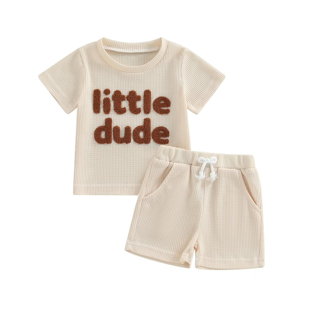 Baby Boy Summer Clothes Toddler Boys Short Sleeve Little Dude Embroidery Letter Shirt Top Solid Color Short Outfit (Apricot, 6-12 Months)
