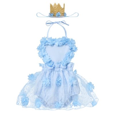 1st Birthday Girl Outfit, One Year Old Birthday Outfit Girl, First Birthday Outfit Toddler Infant Princess Love Heart Flower Tutu Tulle Backless Romper Dress With Crown Headband Light Blue 6-12 Months