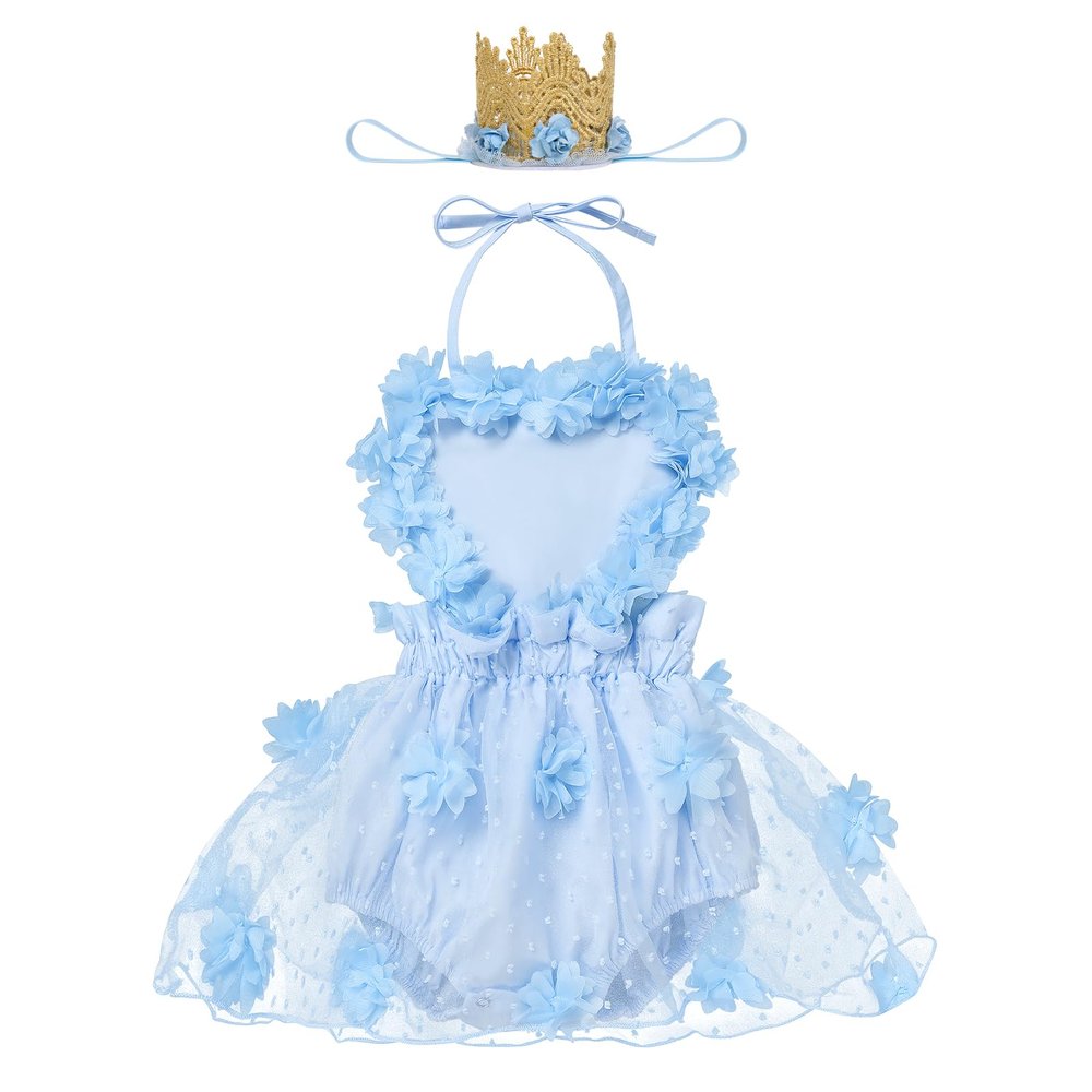 1st Birthday Girl Outfit, One Year Old Birthday Outfit Girl, First Birthday Outfit Toddler Infant Princess Love Heart Flower Tutu Tulle Backless Romper Dress With Crown Headband Light Blue 6-12 Months