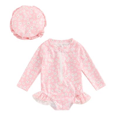 Covvoliy Infant Baby Girl Swimsuit One Piece Long Sleeve Zip Swimwear Bathing Suit Beach Wear (Light Pink, 9-12 Months)