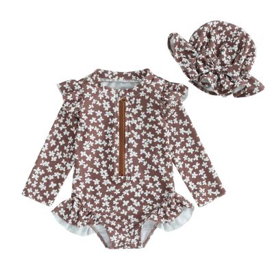 Covvoliy Infant Baby Girl Swimsuit One Piece Long Sleeve Zip Swimwear Bathing Suit Beach Wear (Khaki, 6-9 Months)