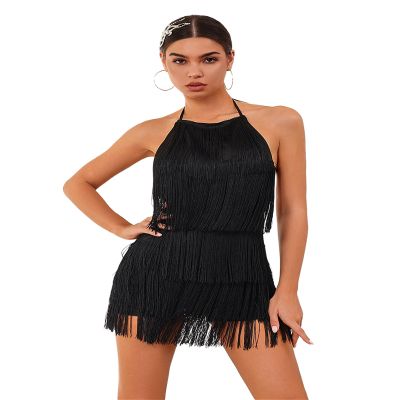 ABAFIP Women's Halter Backless Fringe Mini Dress Layered Tassel Cocktail Concert Rave Party Mini Dance Dress Black X-Large