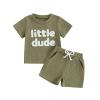 Baby Boy Summer Clothes Toddler Boys Short Sleeve Little Dude Embroidery Letter Shirt Top Solid Color Short Outfit (Green, 0-6 Months) view 1