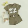 Baby Boy Summer Clothes Toddler Boys Short Sleeve Little Dude Embroidery Letter Shirt Top Solid Color Short Outfit (Green, 0-6 Months) view 2