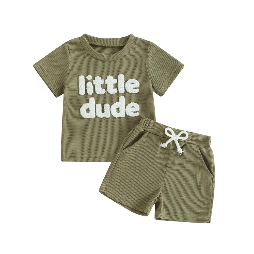 Baby Boy Summer Clothes Toddler Boys Short Sleeve Little Dude Embroidery Letter Shirt Top Solid Color Short Outfit (Green, 12-18 Months)