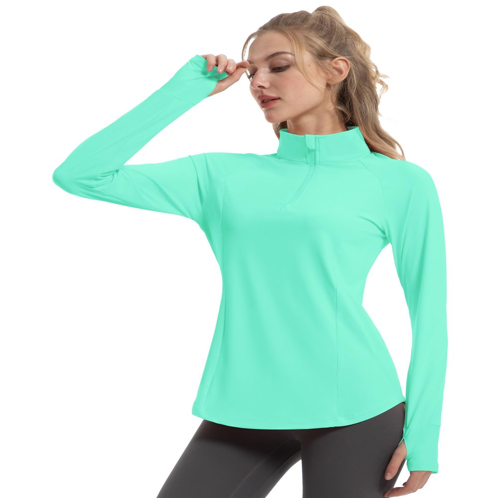 FKEEP Women's Sun Shirts Long Sleeve Athletic Jackets UPF 50+ Top with Thumb Holes Quick Dry for Golf Tennis Hiking (Aqua Green, L)