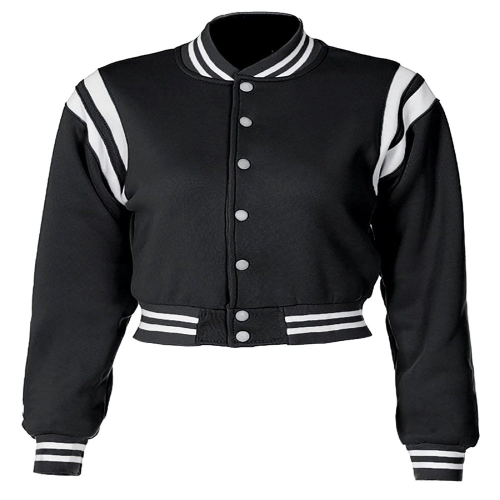 Women Cropped Varsity Jacket Retro Baseball Jacket Bomber Coat Streetwear Black