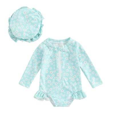 Covvoliy Infant Baby Girl Swimsuit One Piece Long Sleeve Zip Swimwear Bathing Suit Beach Wear (Light Blue, 18-24 Months)